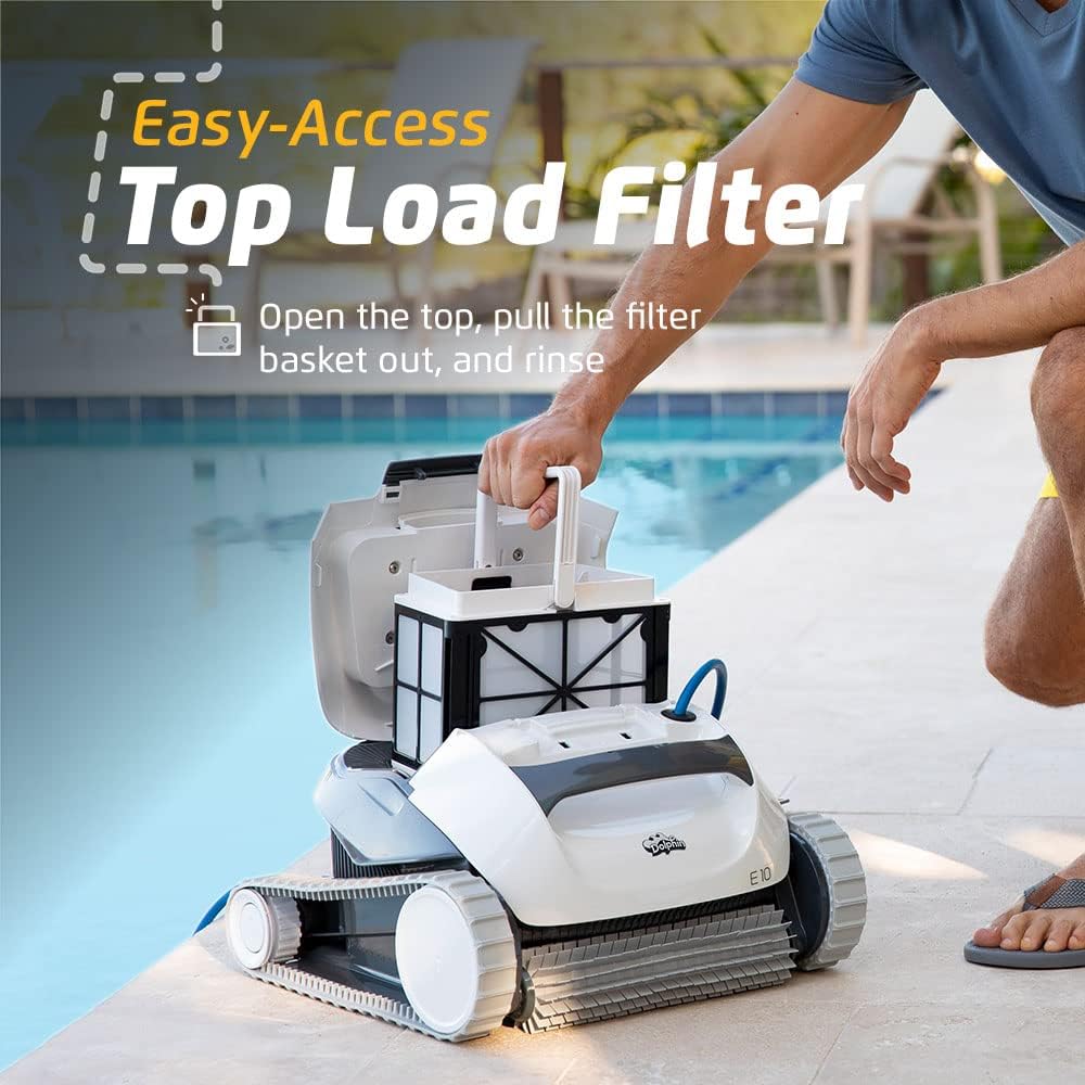 Dolphin E10 Automatic Robotic Pool Vacuum Cleaner, Active Scrubber Brush, Top Load Filters Access
