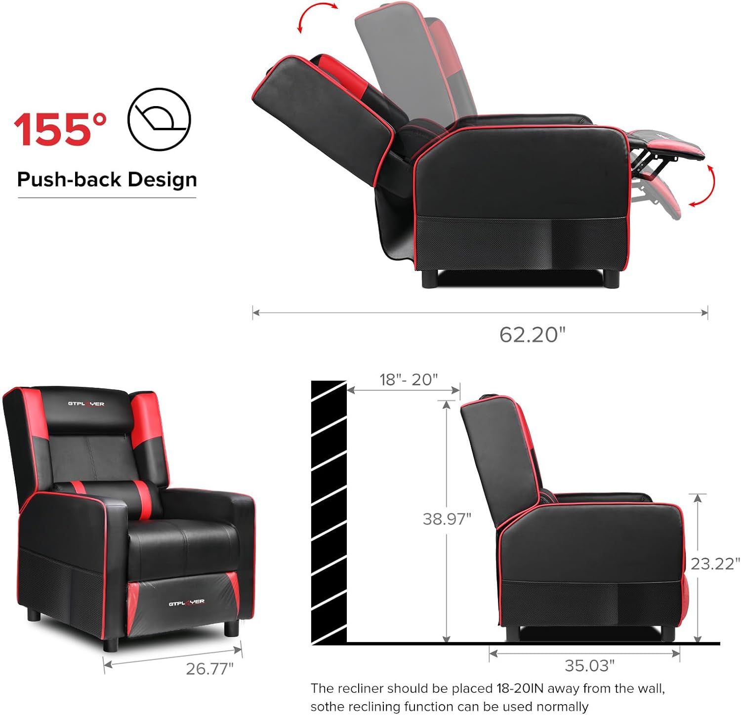 GTPLAYER Gaming Recliner Chair for Living Room Racing Style Single PU Leather Gaming Sofa for Adults Modern Game Recliners Ergonomic Comfortable Home Theater Seating, Red