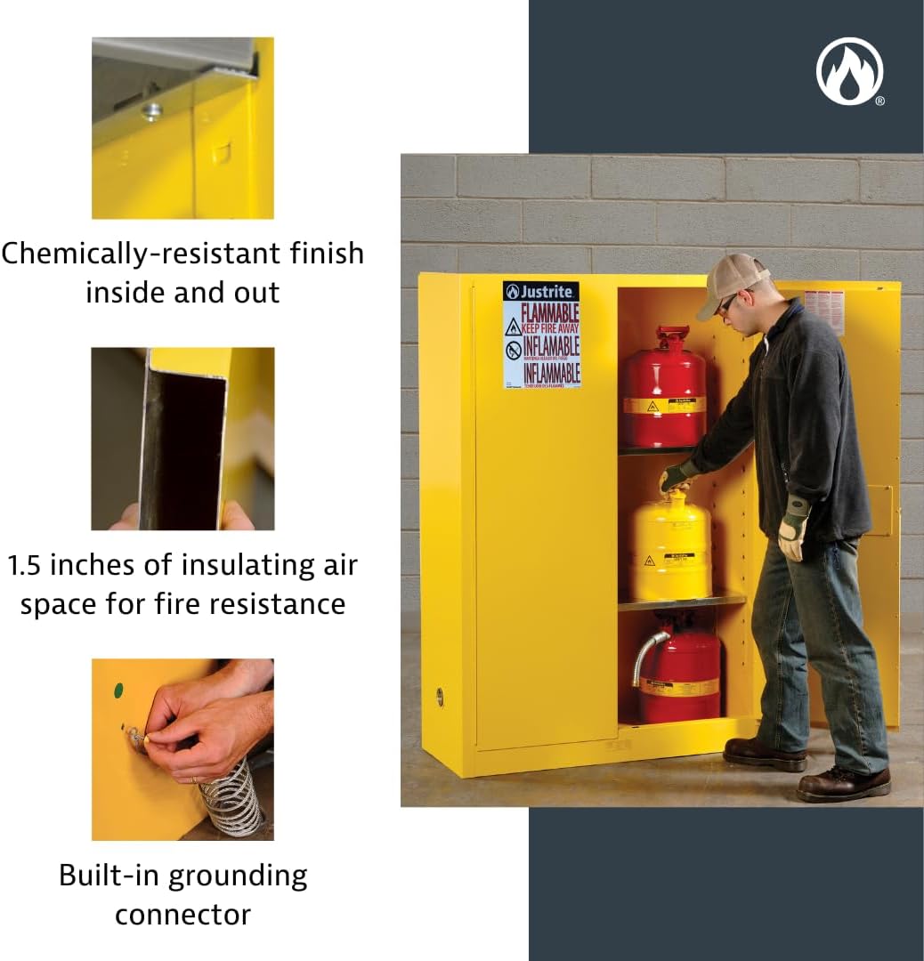 Justrite 60 Gallon Self Close Flammable Storage Cabinet, 18 Gauge Steel, 2 Shelves, 2 Door Fire Cabinet, 65' x 34' x 34', Made in The USA, Yellow, 896020