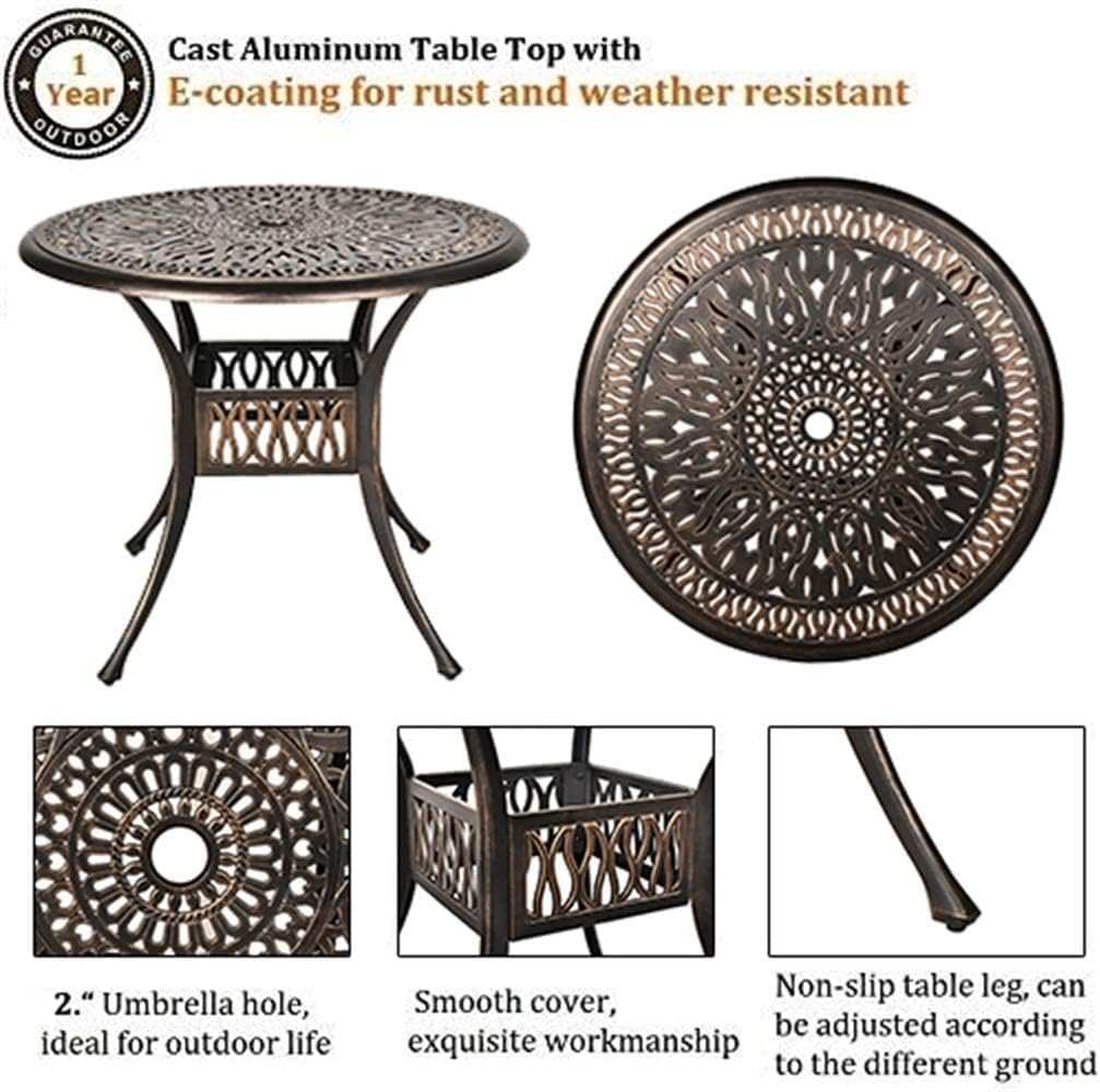 Grepatio 5 Piece Outdoor Dining Set Cast Aluminum Patio Table and Chairs Outside Furniture 4 Mesh Swivel Chairs with Khaki Cushion and 1 Umbrella Hole Round Dining Table for Lawn Garden (Grid Khaki)