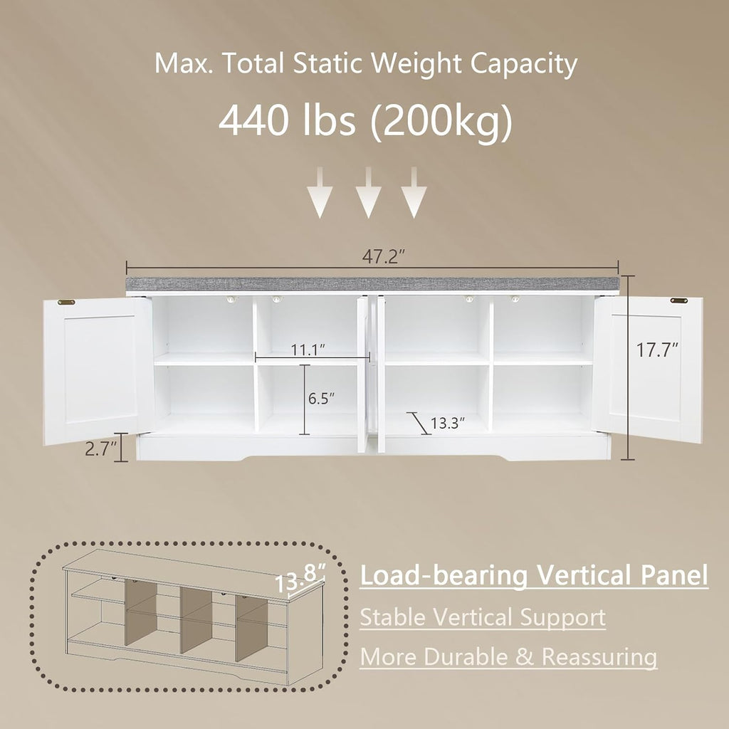 DINZI LVJ Shoe Bench, Entryway Storage Bench with Doors, Cushion, 2-Tier Shoe Rack with 8-Cubby, 47.2'L x 13.8'W Shoe Organizer Cabinet, Adjustable Shelf, Living Room, Bedroom, White