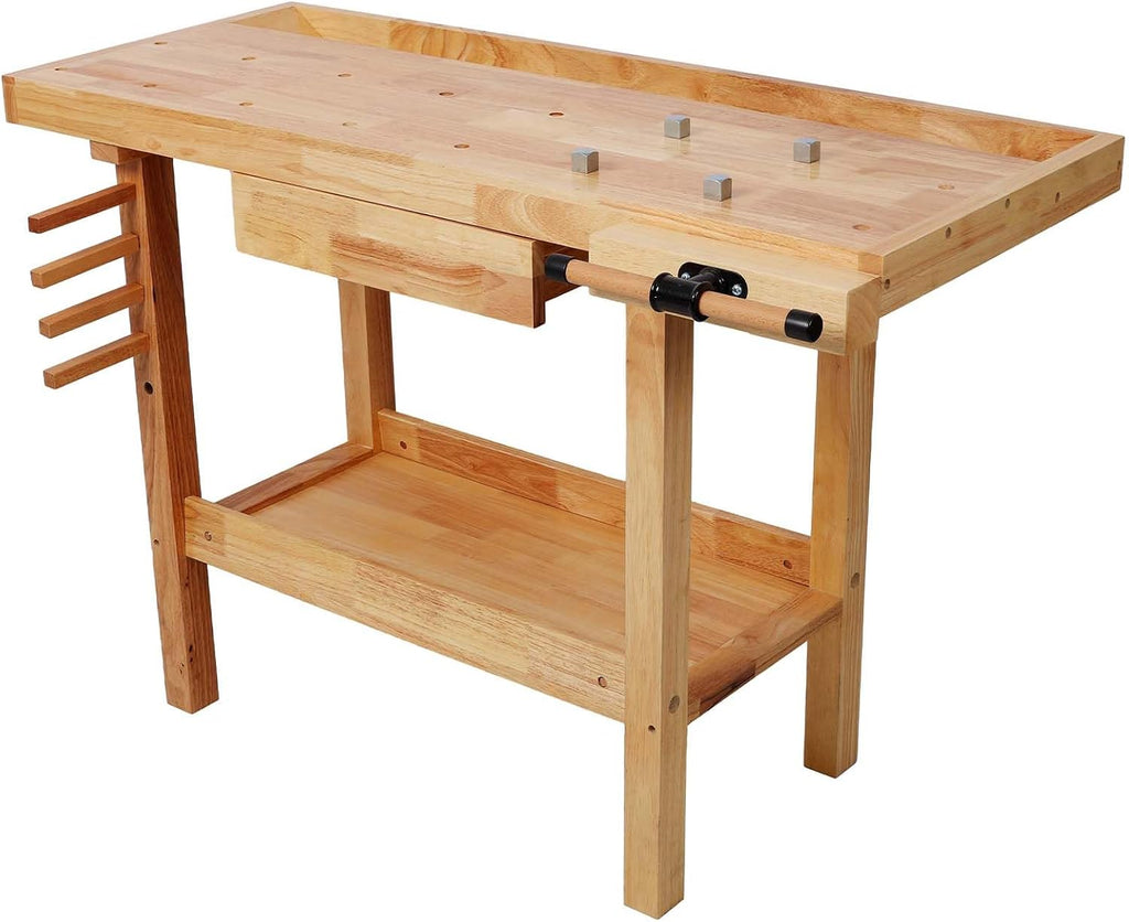 55' Rubber Wood Workbench, Heavy Duty Work Bench with Drawer& Shelf, Work Bench Table for Garage, Workshop, Home Storage, Woodworking Bench, 330 lbs Weight Capacity (48')