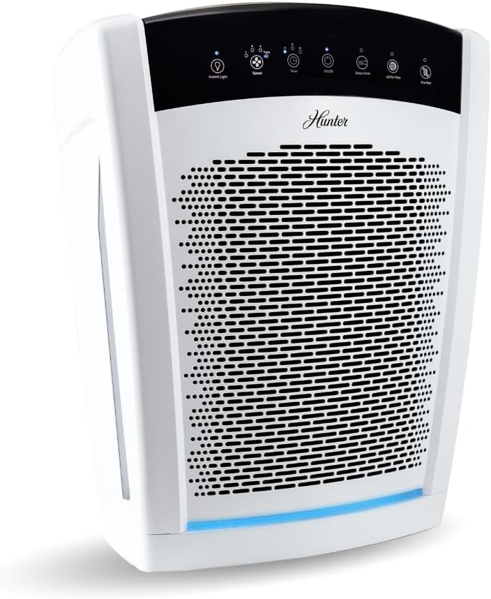 Hunter HP800 Air Purifiers for Home Large Room and Bedroom. True HEPA Air Purifier for Pets, Odors, Allergens, Smoke, Dust, VOC's. 4 Fan Speeds, Quiet Sleep Mode. Cleans 2585 Ft² per Hour. White