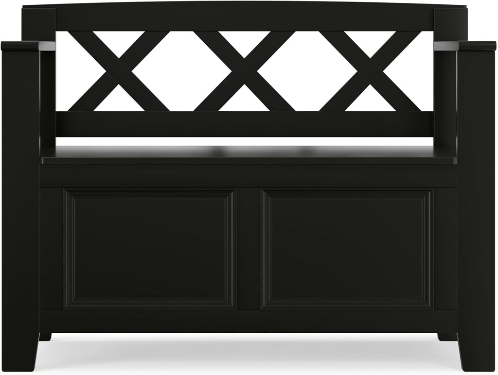 SIMPLIHOME Amherst Entryway Storage Bench - 36 inch Wide Solid Wood Hallway Bench in Black, Transitional Bench for Entry or Mudroom with Lift-Up Lid, Storage Compartments and X-Back Detail