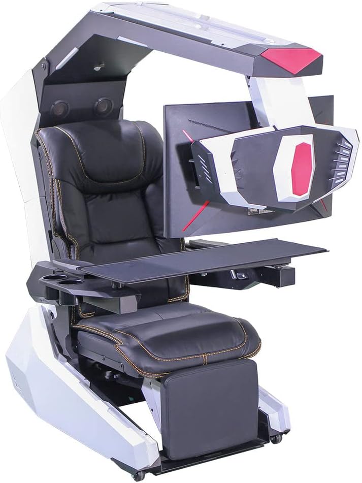 Imperatorworks R1 Pro White Executive Boss Massage Genuine Leather Chair Cockpit with Speakers Starlight RGB Support 3 Monitors Motorized Distance Adjustable