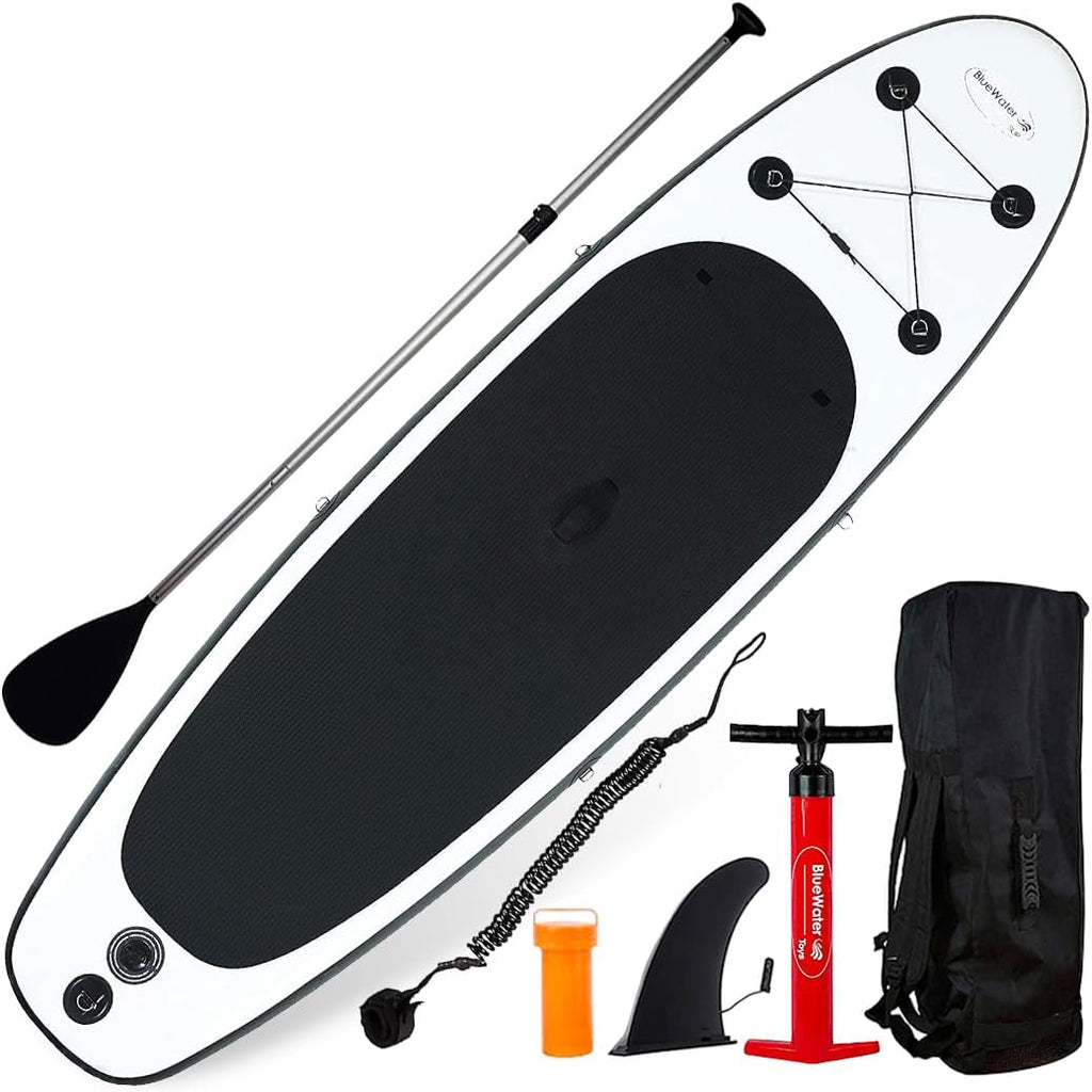 Blue Water Toys Portable Inflatable Stand Up Paddle Board Kit | 11ft x 34in Nylon & Mesh Inflatable Paddle Board with 100% UV-Resistant EVA Pad, Pump, Backpack, Coil Leash & Repair Kit (Black/White)