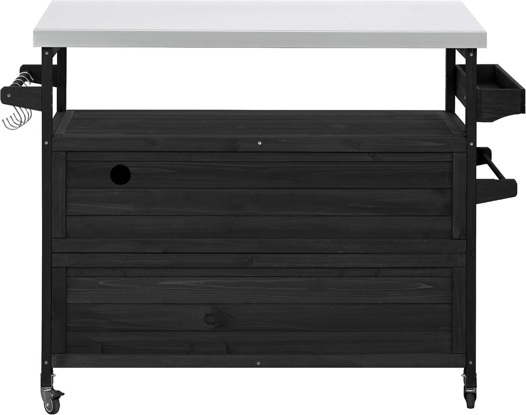 LUMISOL Outdoor Grill Table with Stainless Steel Top, Solid Wood Kitchen Island with Internal Storage Rack, Outdoor Storage Cabinet, Farmhouse Rolling Bar Cart with Spice & Towel Rack, Black
