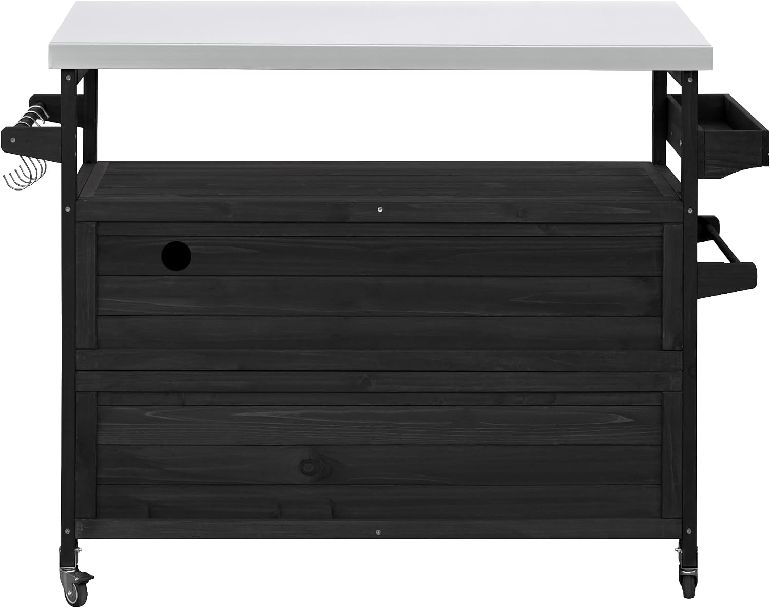 LUMISOL Outdoor Grill Table with Stainless Steel Top, Solid Wood Kitchen Island with Internal Storage Rack, Outdoor Storage Cabinet, Farmhouse Rolling Bar Cart with Spice & Towel Rack, Black