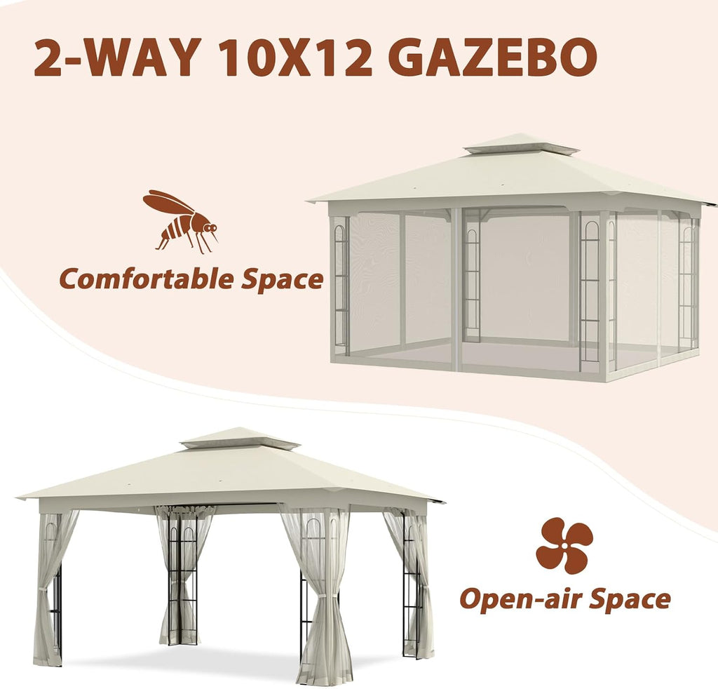 EAGLE PEAK Patio Gazebo with Mesh Netting 13x11 at Top 12x10 Footprint, Soft Top Outdoor Pavilion for Backyard, Deck, Lawn and Garden, Beige