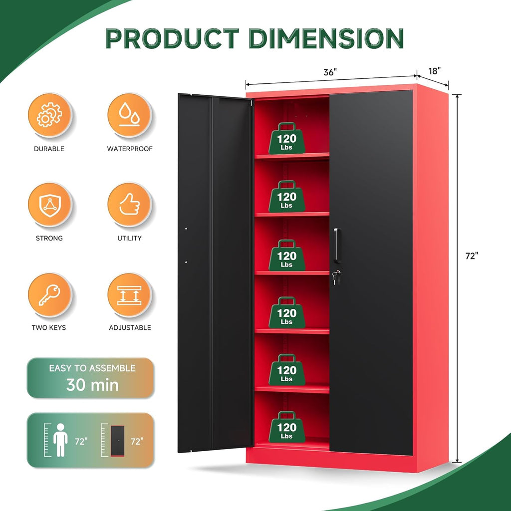 Letaya Metal Garage Storage Cabinets with Lock, 72' Tall Locker Organizer Steel Tool Cabinets,5 Adjustable Shelves 2 Doors for Home Office, Warehouse,Garage,Industrial,Employee (Black Red)
