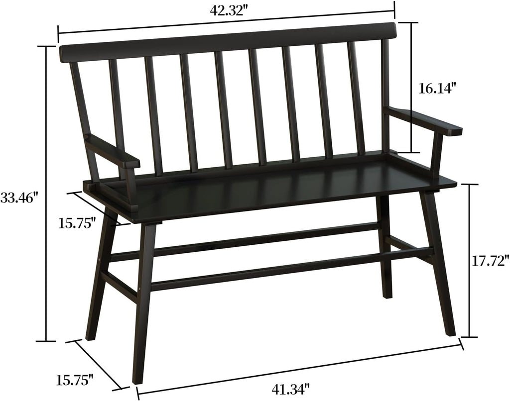 Dining Bench for Kitchen & Dining Room – Bamboo Wood Bench with Spindle Back & Armrests, Farmhouse Entryway Bench, Indoor Bedroom Bench, Versatile Entry Bench & Outdoor Bench Seating（Black with Arm）
