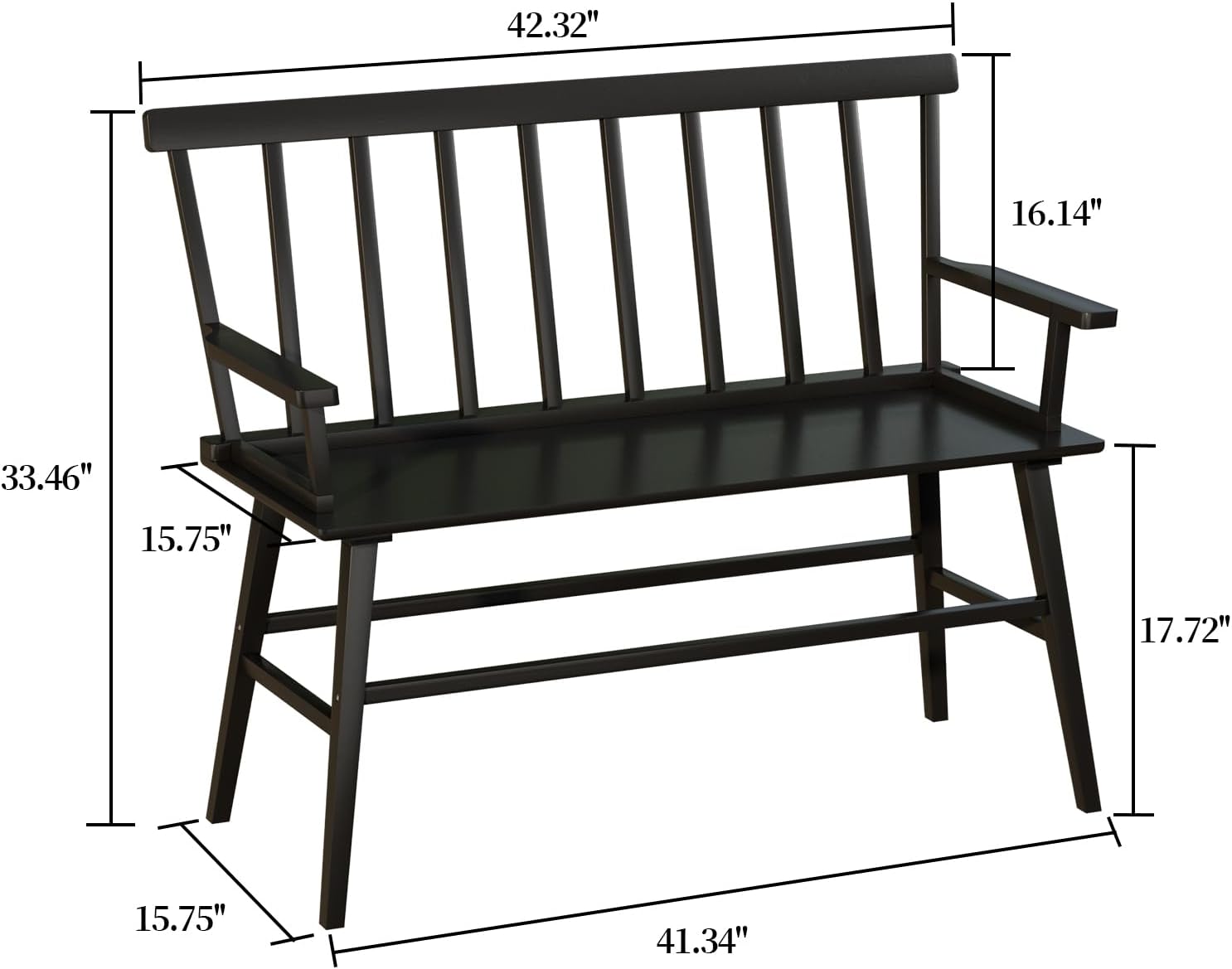 Dining Bench for Kitchen & Dining Room – Bamboo Wood Bench with Spindle Back & Armrests, Farmhouse Entryway Bench, Indoor Bedroom Bench, Versatile Entry Bench & Outdoor Bench Seating（Black with Arm）