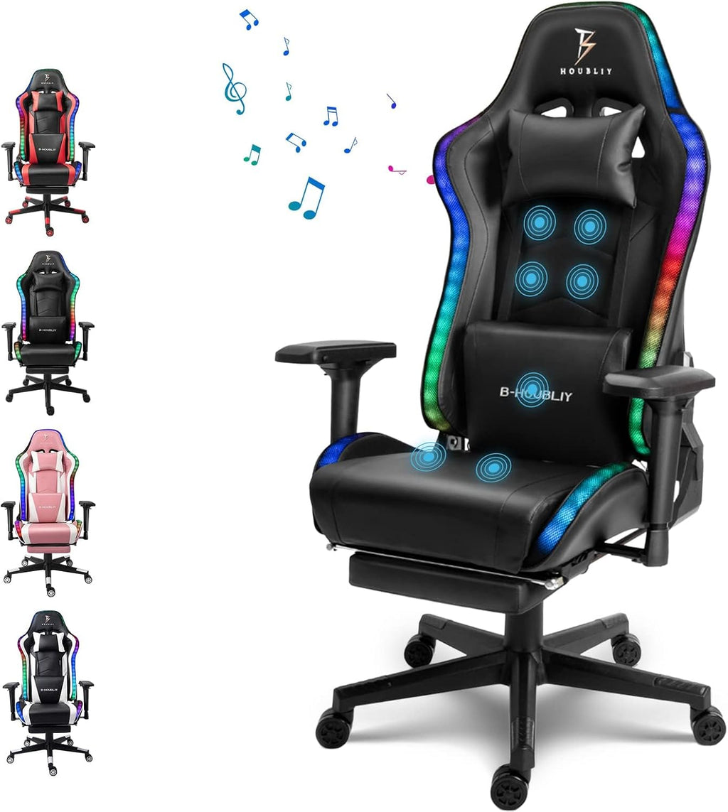 Gaming Chair with Speakers and LED Lights, Height Adjustable Swivel Racing Gaming Massage Chair, Ergonomic Gamer Chair with Footrest,Reclining Computer Office Desk Chair for Adults,Black