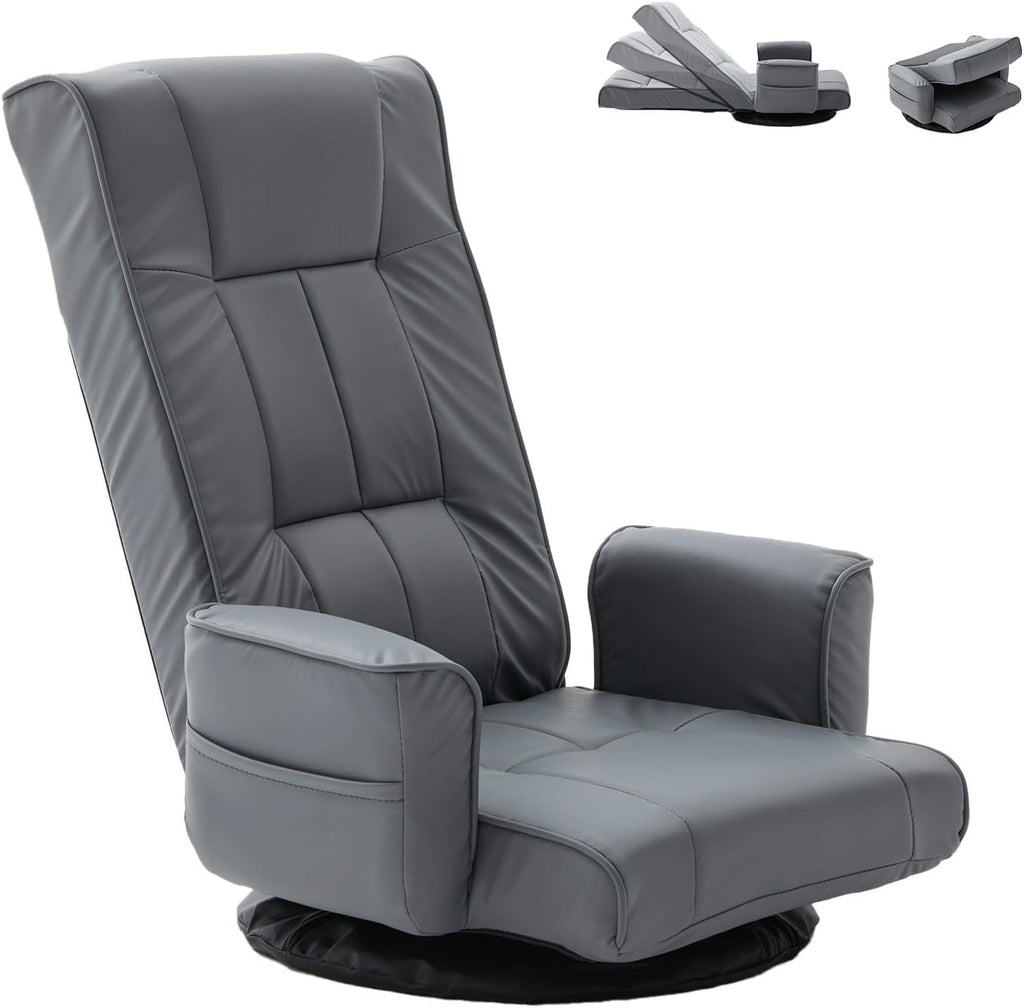 360° Swivel Floor Chair with Armrests, 14-Position Adjustable Floor Lounger for Adults, Folding Padded Floor Seat with Backrest for Gaming, Reading & Living Room (Grey)