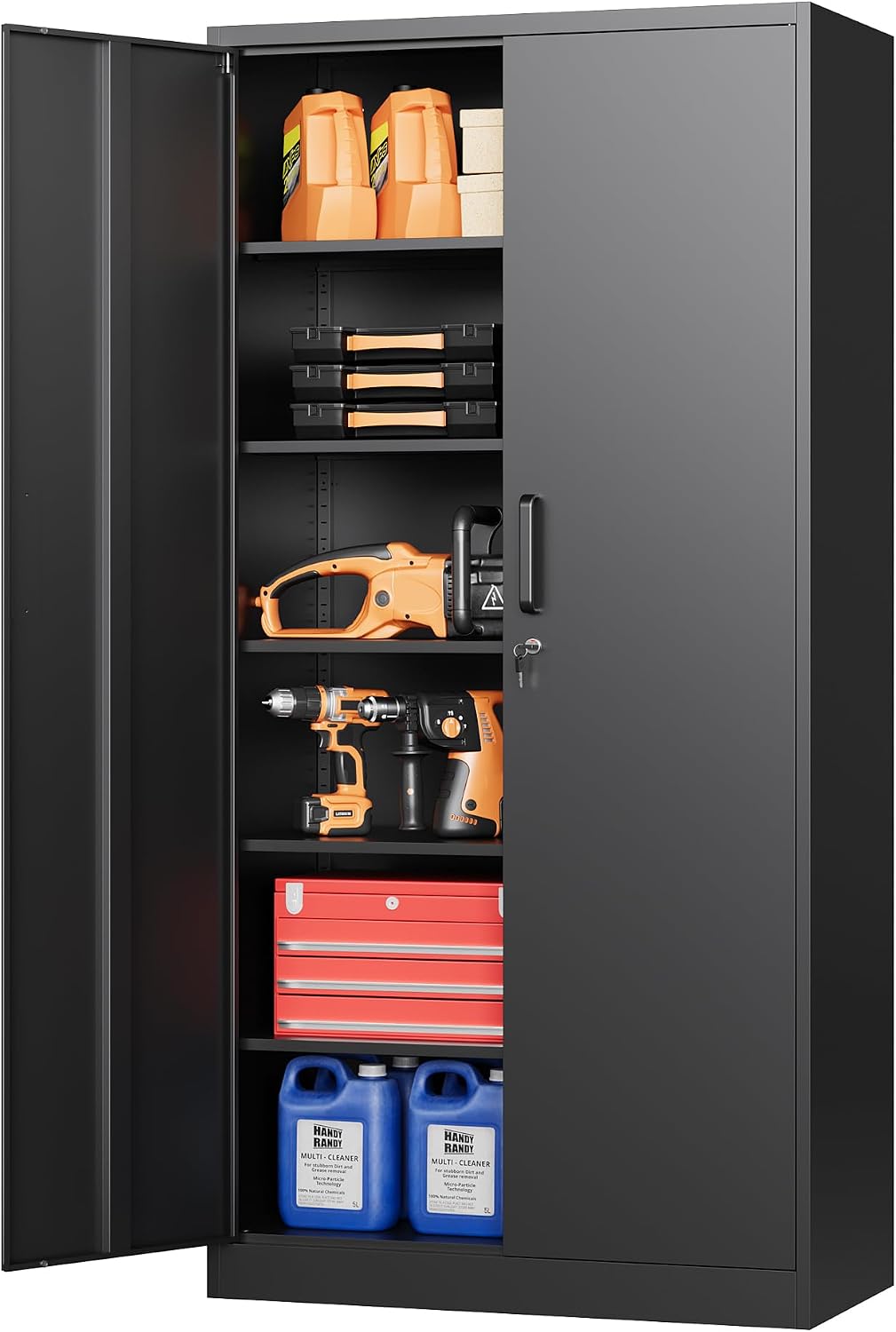 STANI Metal Garage Storage Cabinet with Lock, 71' Steel Lockable File Cabinet, Locking Steel Storage Cabinet with 5 Adjustable Shelves for Home, Office, Warehouse, Garage, School (Black)