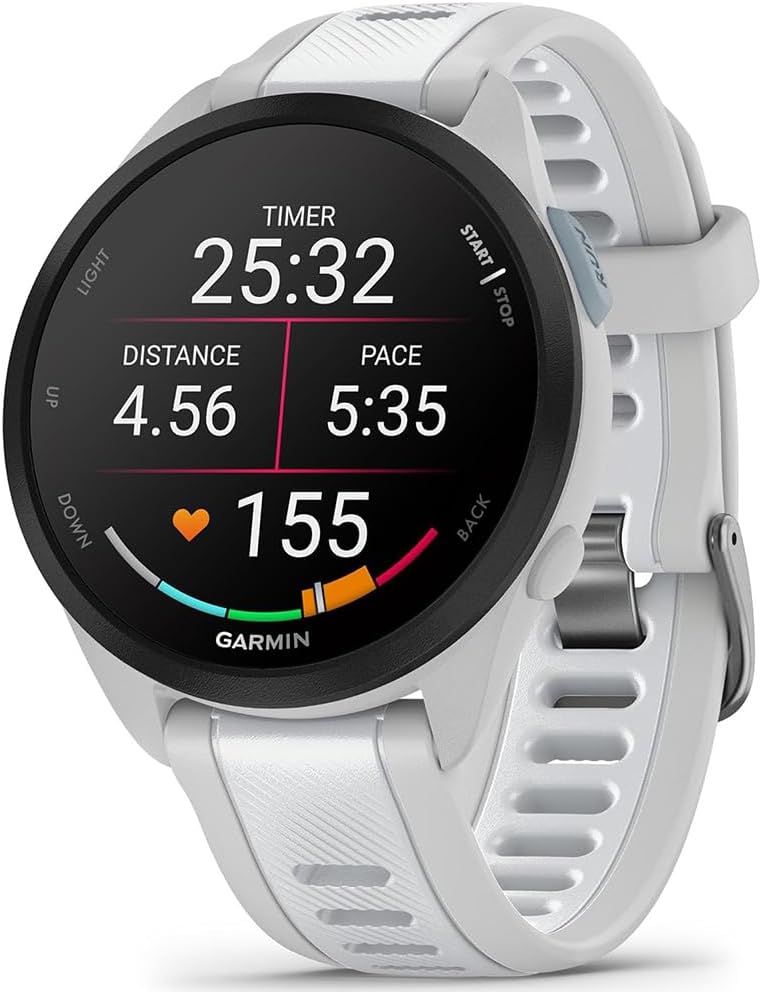 Garmin 010-02863-31 Forerunner 165 Music Smart Sport Watch Mist Gray + Whitestone Bundle with Deco Essentials Charging Dock, Silicone Dust Cover 3 Pack and Screen Protector for 1.2 inch 2 Pack