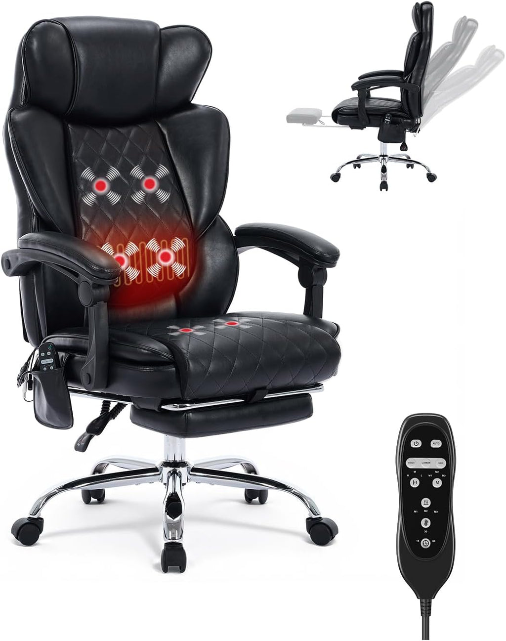 500LBS Massage Office Chair with Foot Rest, 6 Points Vibration and Heat Home Office Desk Chairs, 22.05' Wide Big and Tall Office Chair for Heavy People, Ergonomic Reclining Gaming Chairs, Black