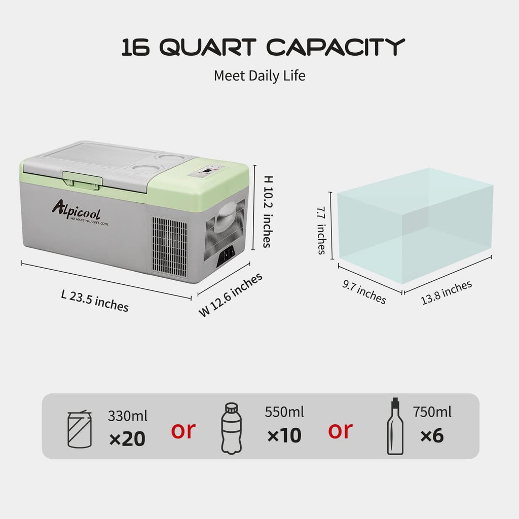 Alpicool Y16T Portable Fridge 12 Volt Car Refrigerator 16 Quart Freezer for Fishing, Camping, RV, Truck, Boat-12/24V DC