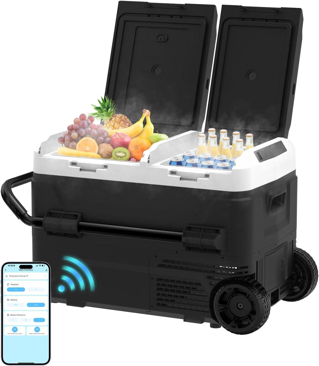 AS 12 Volt Refrigerator, 42QT(40L) Dual Temperature Zone Electric Cooler with Wheels, Portable Freezer 12V/24V DC 110-240V AC, -4℉-68℉ Car Fridge for Car, Marine, Home, Outdoor, etc