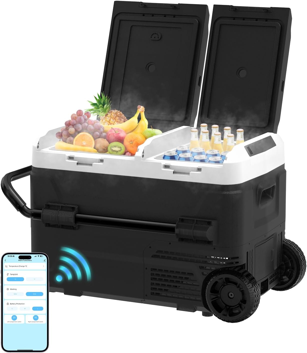 AS 12 Volt Refrigerator, 42QT(40L) Dual Temperature Zone Electric Cooler with Wheels, Portable Freezer 12V/24V DC 110-240V AC, -4℉-68℉ Car Fridge for Car, Marine, Home, Outdoor, etc