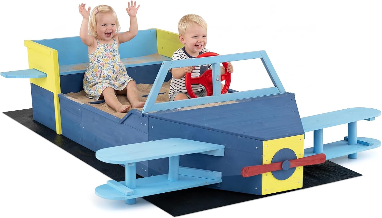 Costzon Sandbox, Fir Wood Glider-Shaped Sand Pit with Bottom Liner, Bench Seat, Propeller, Rotatable Rudder & Side Wings for Kids Boys Girls, Outdoor Playset for Backyard, Beach and Patio
