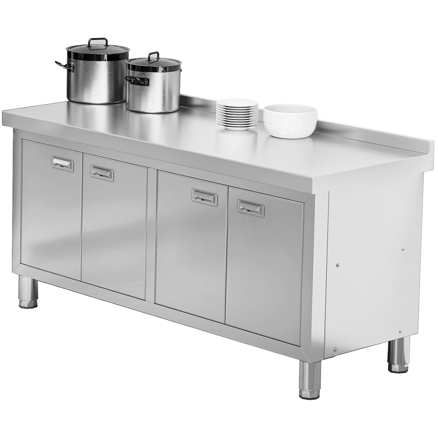 WWK 59' x 21' Stainless Steel Prep Table with Cabinet, Commercial Kitchen Table for Prep & Work, Heavy Duty Work Table with 4 Doors for Kitchen, Restaurant, Hotel, Garage and Cafe