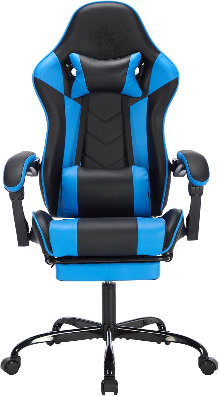 Gaming Chair with Footrest, Ergonomic Computer Chair with Headrest and Lumbar Support, Breathable Material Height Adjustable Swivel Video Game Chairs for Adults, 300lbs Max, Black & Blue