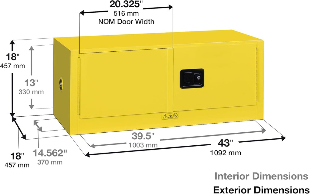 Justrite 12 Gallon Manual Close Piggyback Flammable Storage Cabinet, 18 Gauge Steel, 2 Door Fire Cabinet, 18' x 43' x 18', Made in The USA, Yellow, 891300