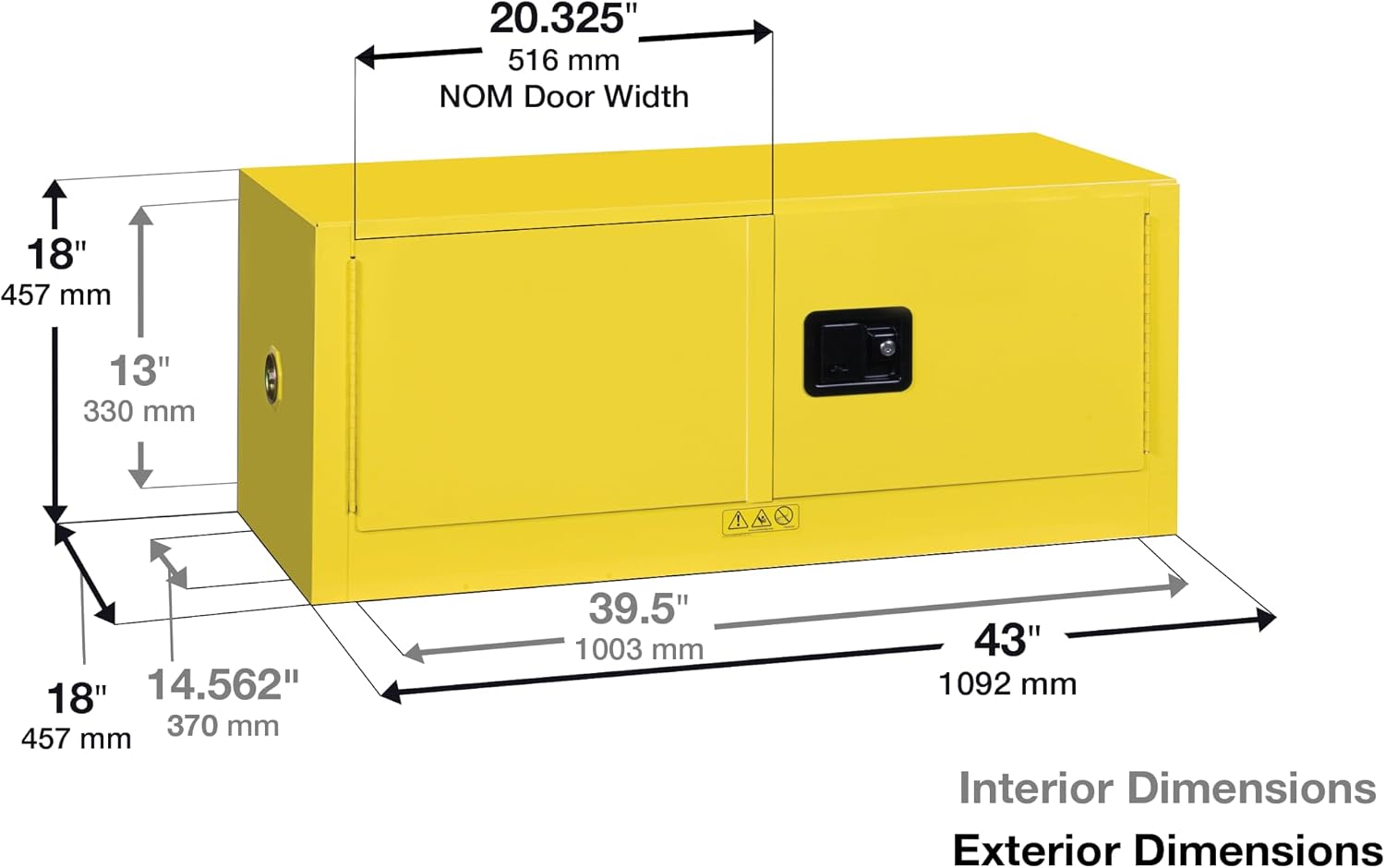 Justrite 12 Gallon Manual Close Piggyback Flammable Storage Cabinet, 18 Gauge Steel, 2 Door Fire Cabinet, 18' x 43' x 18', Made in The USA, Yellow, 891300