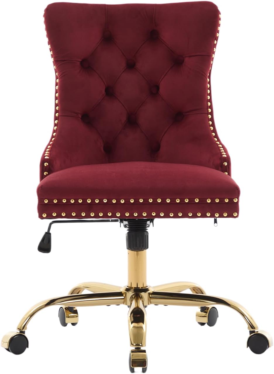 Velvet Home Office Chair with Wheels & Gold Base, Cute Makeup Vanity Chair with Tufted Back for Bedroom, Upholstered Adjustable Swivel Comfy Desk Chair for Girls Women, Burgundy