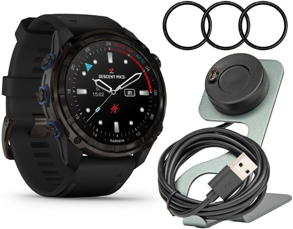 Garmin Descent Mk3i Watch-Style 51mm Dive Computer (Carbon Gray, Black Band) Bundle with Focus Camera Charger Stand for Smartwatches and Focus Camera 9H Tempered Glass Screen Protector Film (3 Items)
