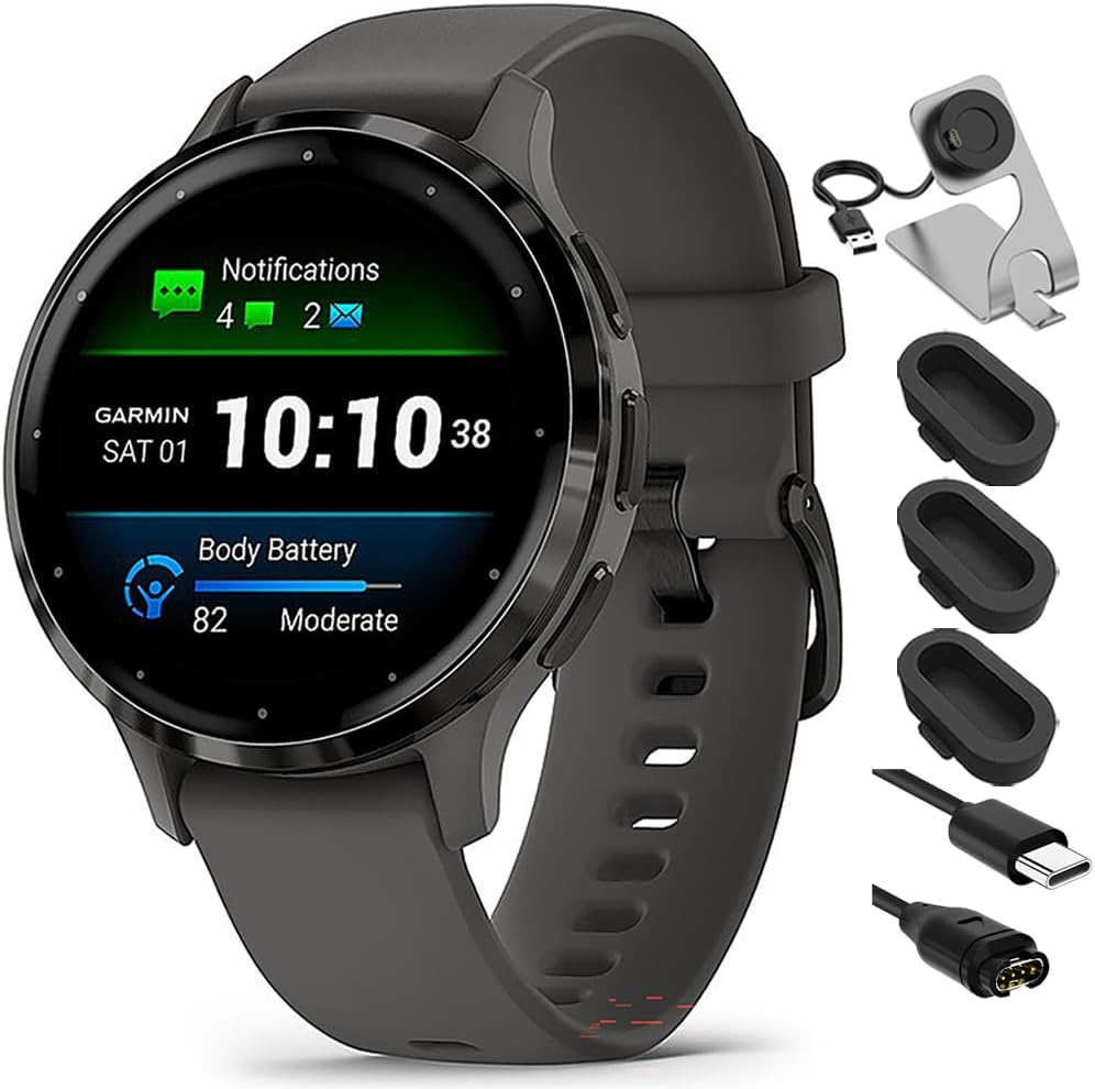 Garmin 010-02785-00 Venu 3S Health Fitness GPS Smartwatch Steel Bezel with Pebble Gray Case 41mm Bundle with Charging Dock, Silicone Dust Cover 3 Pack and USB Type C Charging and Sync Cable