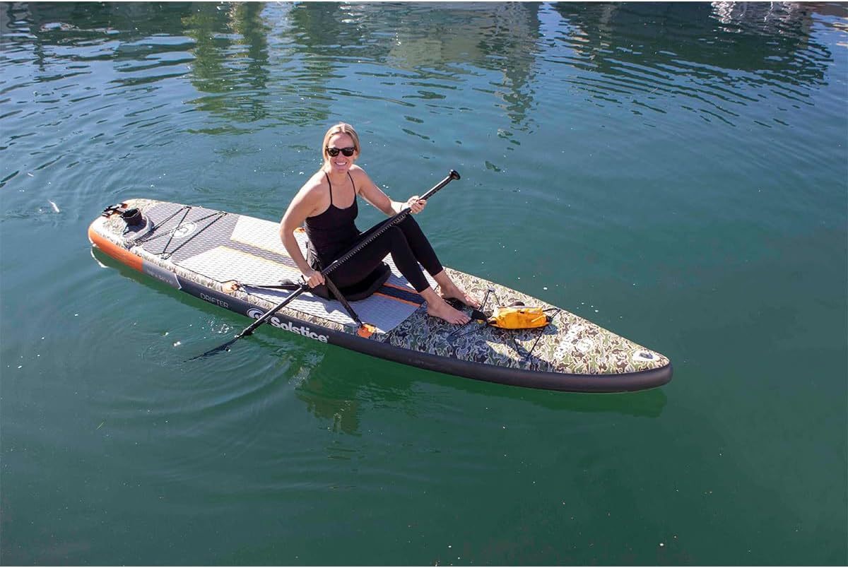 Solstice Drifter Inflatable Stand Up Paddle Board Kit | Yak Attack Accessory Mount | 11'6 x 34'' x 6'' | 350 Pound Capacity | Included Paddle Straps | Military Grade Materials, Green Camo (36116)