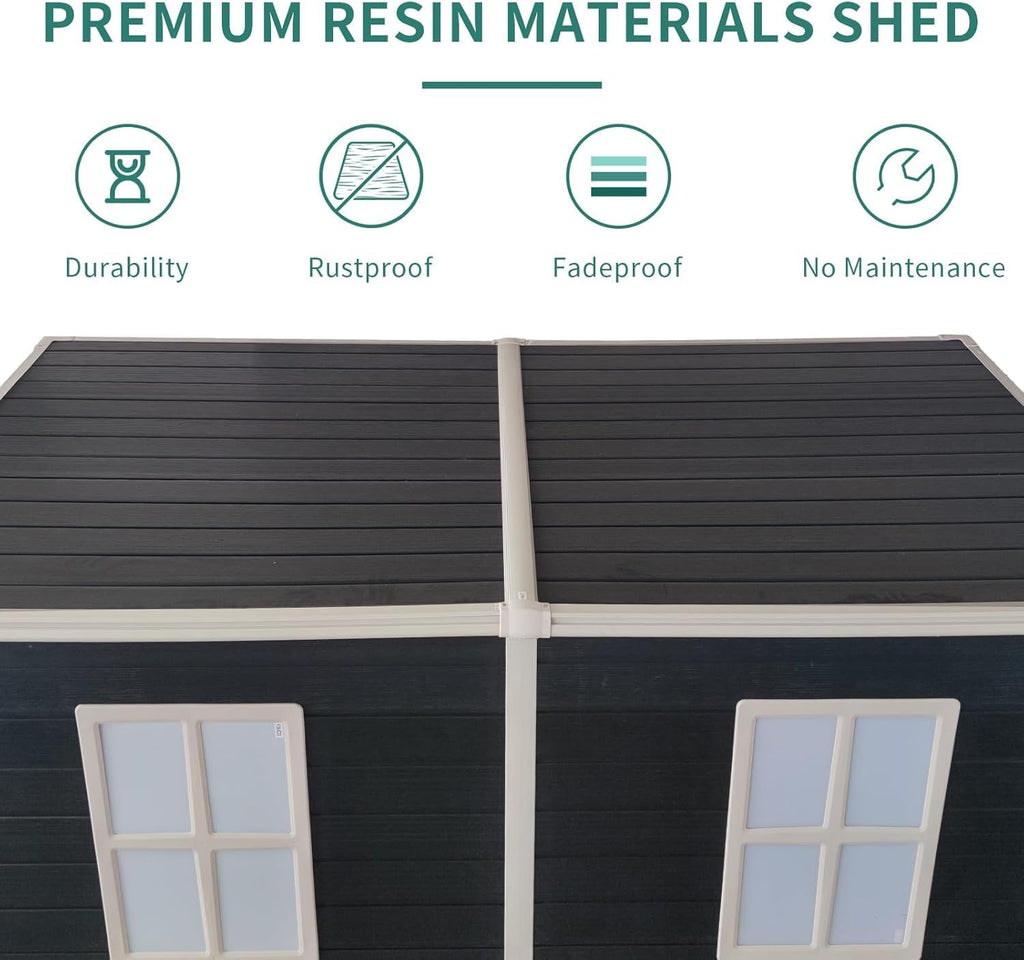 KUIKUI Shed with Floor Included, 8x4ft Storage Sheds, Plastic Lean to Backyard Shed with 2 Windows and Lockable Door, for Garden Tools, Bike, Carbon Black