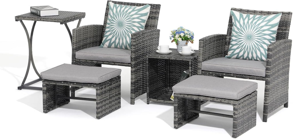 OC Orange-Casual 6 Piece Patio Furniture Conversation Set with Ottoman, Outdoor Grey Wicker Chair and Table Set, Balcony Furniture for Apartments, Light Grey