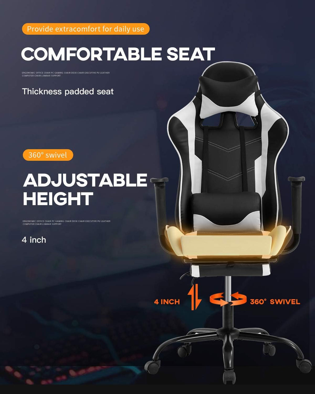 BestOffice Ergonomic PC Racing Gaming Chair Cheap Office Desk Chair PU Leather Computer Chair Lumbar Support with Footrest Modern Task Rolling Swivel Chair for Women, Men(White)