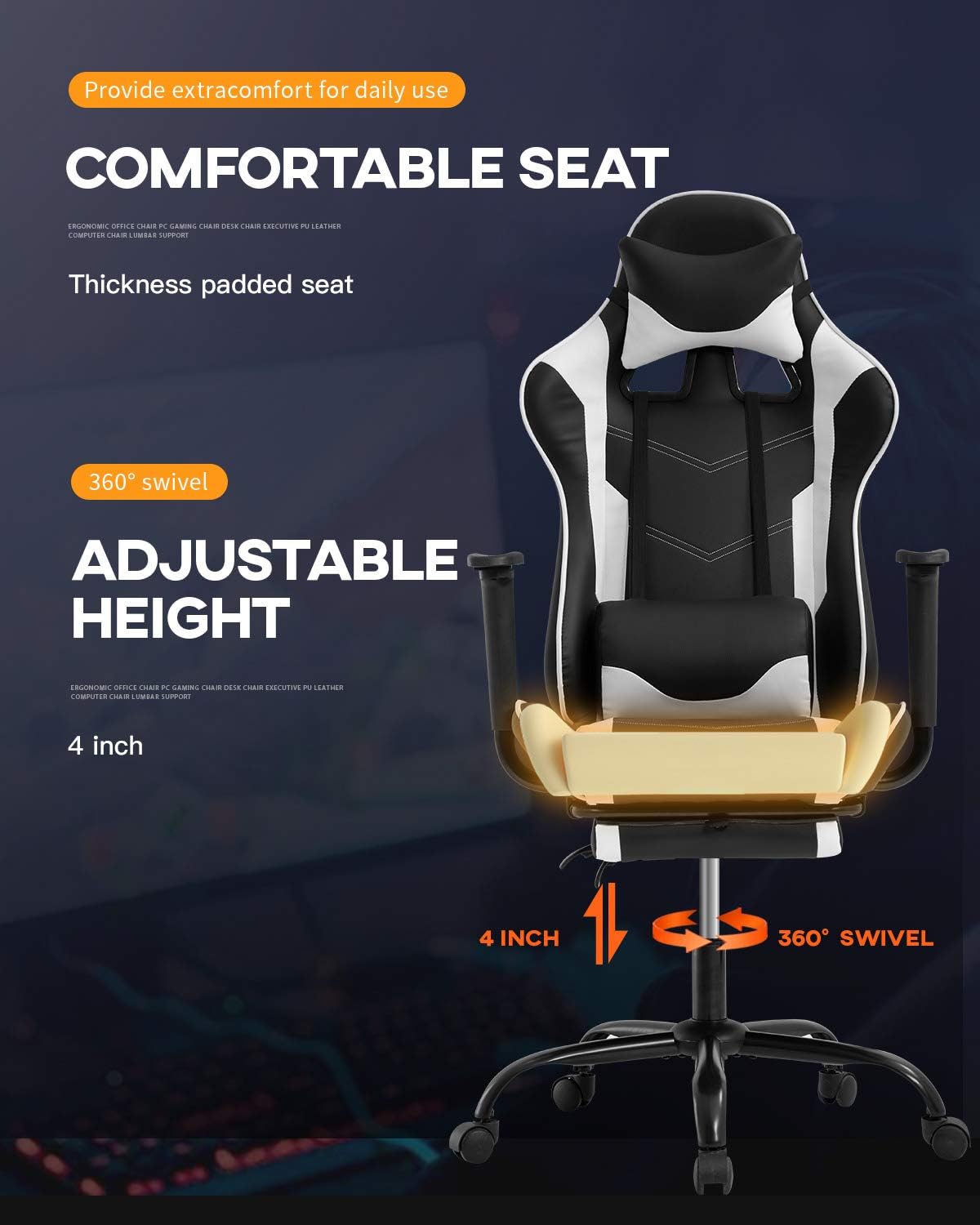 BestOffice Ergonomic PC Racing Gaming Chair Cheap Office Desk Chair PU Leather Computer Chair Lumbar Support with Footrest Modern Task Rolling Swivel Chair for Women, Men(White)