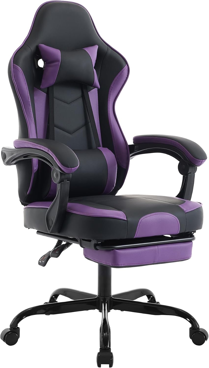Gaming Chair with Footrest, Ergonomic Computer Chair with Headrest and Lumbar Support, Breathable Material Height Adjustable Swivel Video Game Chairs for Adults, 300lbs Max, Black & Purple