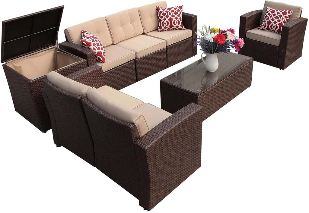 Super Patio 8 Pieces Outdoor Patio Furniture Set, Wicker Patio Conversation Sets with Storage Box, Rattan Outdoor Sectional Sofa Set with Cushions and Coffee Table for Outside Porch, Deck, Brown