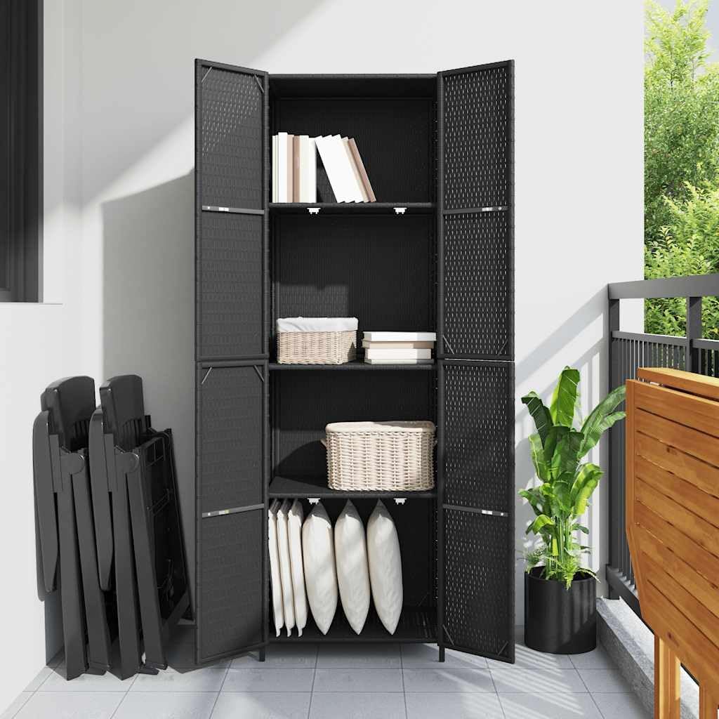 YAFF Tall Outdoor Storage Cabinet – Modern Black Woven Poly Rattan Durable Double Door Design for Garden Patio Garage Organization Weatherproof Easy Maintenance