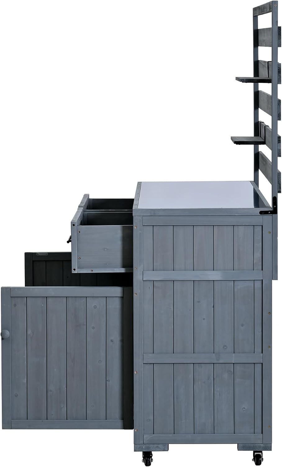 64.9'' H Large Patio Kitchen Island Solid Wood Kitchen Cart, Grill Prep BBQ Table, Garden Potting Bench with Stainless Table Top, 3 Movable Shelves and 2 Drawers (Gray-64.9'')
