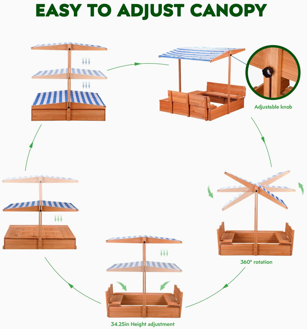 Kids Wooden Outdoor Sandbox with Cover，Sand Boxes with Canopy and Foldable Storage Bench Seats, Sand Table with Protection Bottom Liner,Kids Play Equipment for Outdoor(47X47Inch)