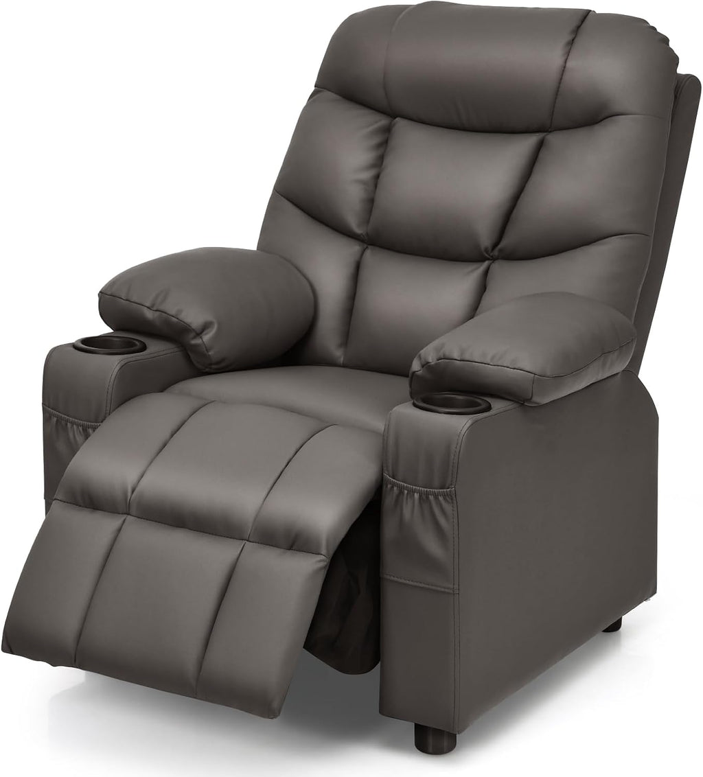 MAT EXPERT Kids Recliner, Leather Adjustable Reading Gaming Chair w/ 2 Cup Holder, 3 Side Pocket Storage & Footrest, Kids Couch Toddler Lounge Chair for Boys Girls, Kids Room Playroom Nursery (Coffee)