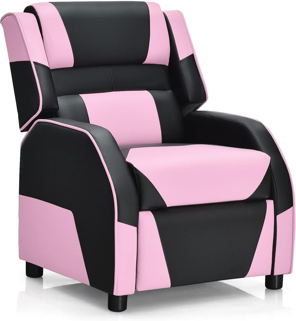 HONEY JOY Kids Recliner, Youth Game Reclining Chair w/Headrest & Back Pillow, Upholstered Leather Lounge Chair for Boys Girls, Manual Adjustable Toddler Single Sofa Chair for Living Room (Pink)