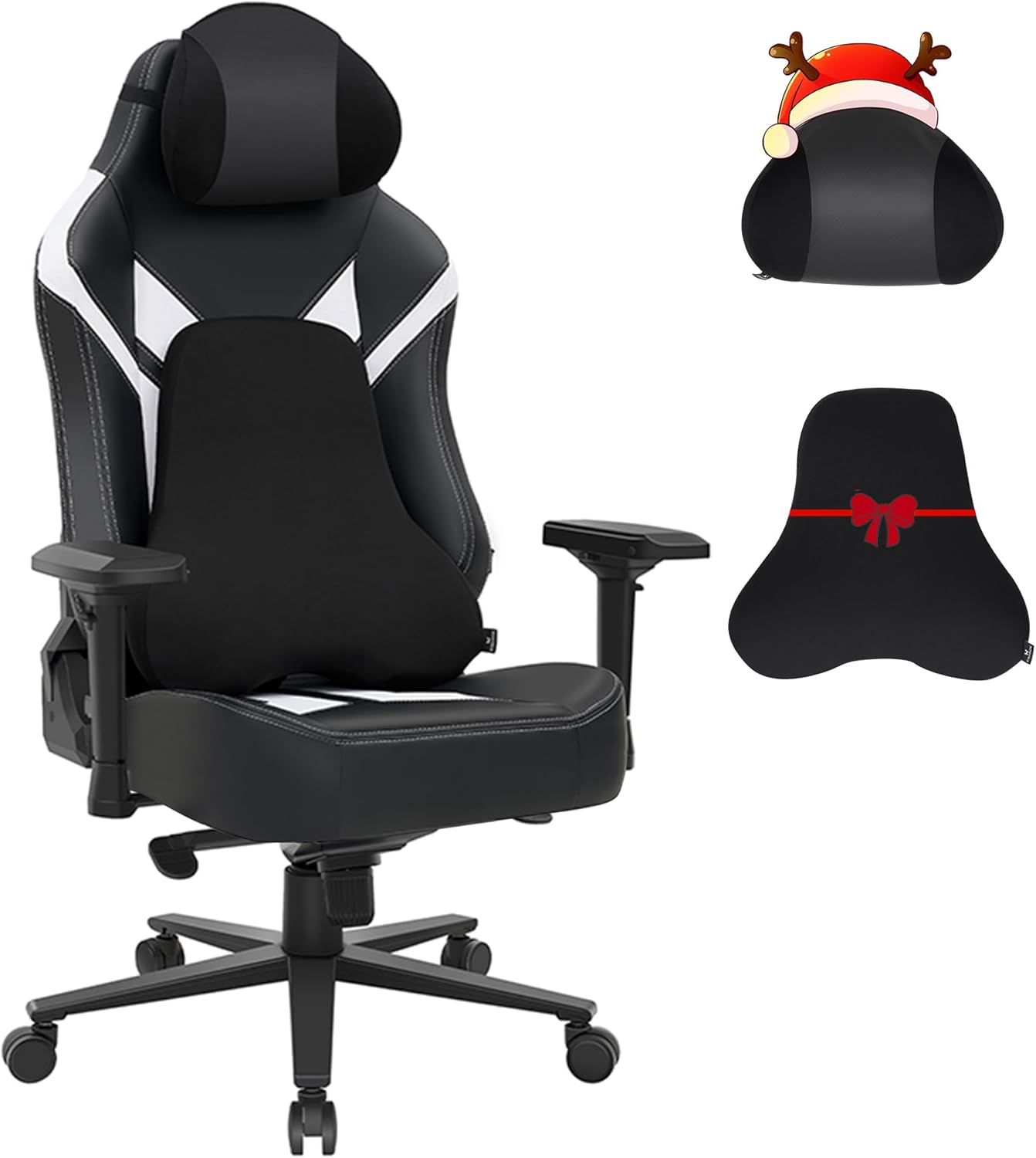 Ergonomic Gaming Chair, Wyrdforging Computer Desk Chairs, 4D Armrests, High Back Office Chair With Headrest & Lumbar Pillow, Tilt Rocker Recliner, Heavy-Duty Base, Black PU Leather & White Suede Combo