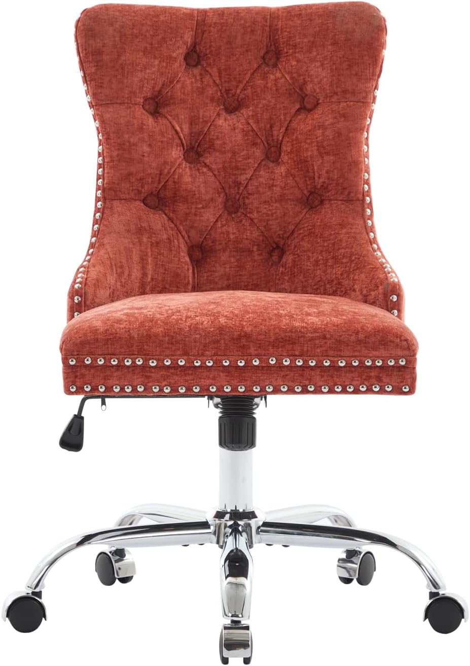 Home Office Chair with Wheels & Silver Base, Cute Chenille Fabric Makeup Vanity Chair with Tufted Back for Bedroom, Upholstered Adjustable Swivel Comfy Desk Chair for Girls Women, Orange