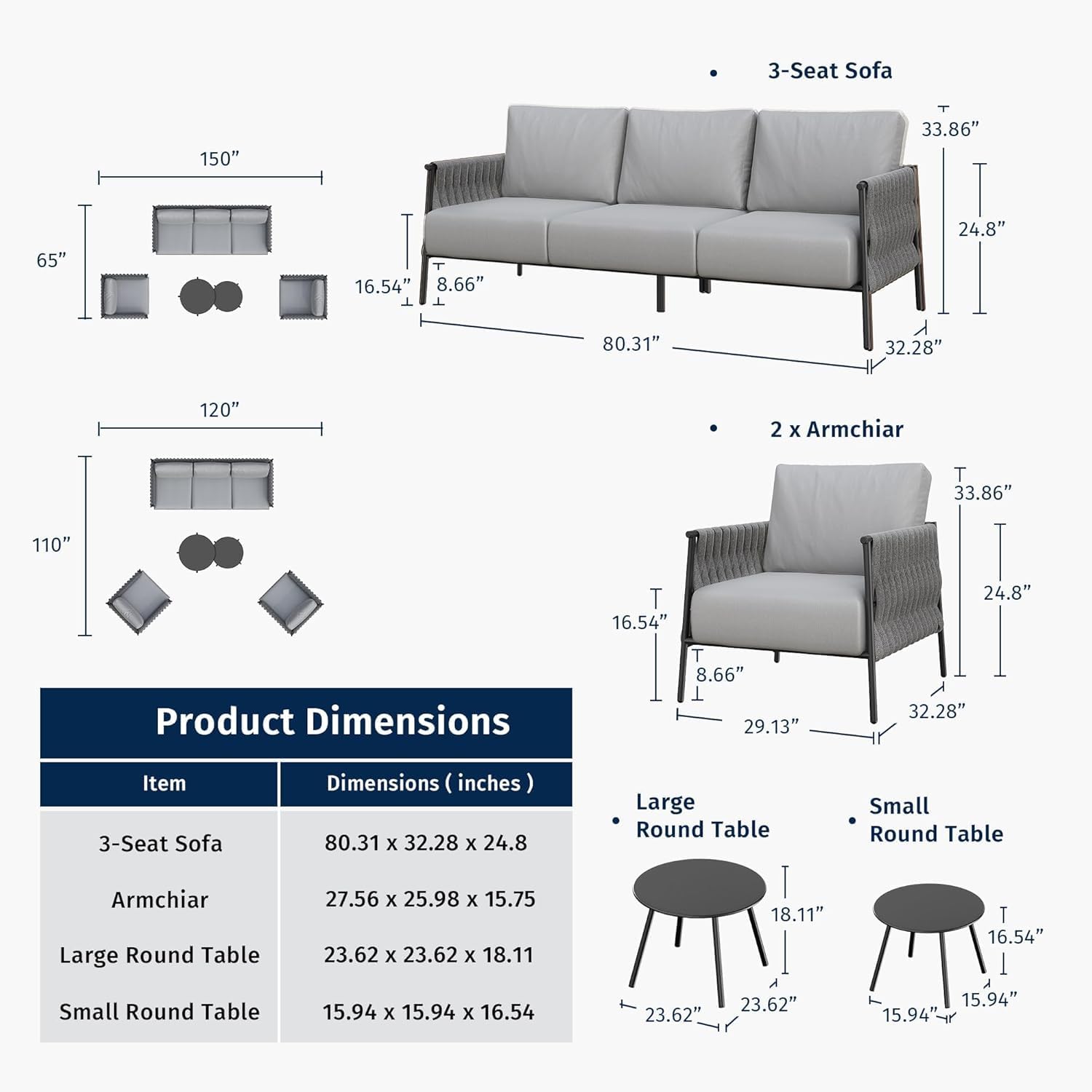 EAST OAK Life Chatter Patio Furniture Set 5 Pieces, Outdoor Furniture 5-Seat Sofa with Two Round Coffee Table, Waterproof Thick Cushion Deep Seating for Porch, Balcony, Earth Black & Misty Grey