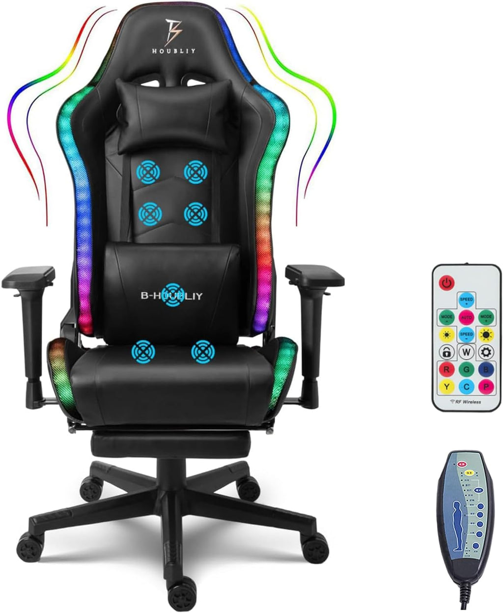 XOOFMASS Massage Gaming Chair with LED Light, Gaming Chair with Speakers, Office Chair with Footrest Ergonomic High Back PU Swivel Game Chair for Teens,Black