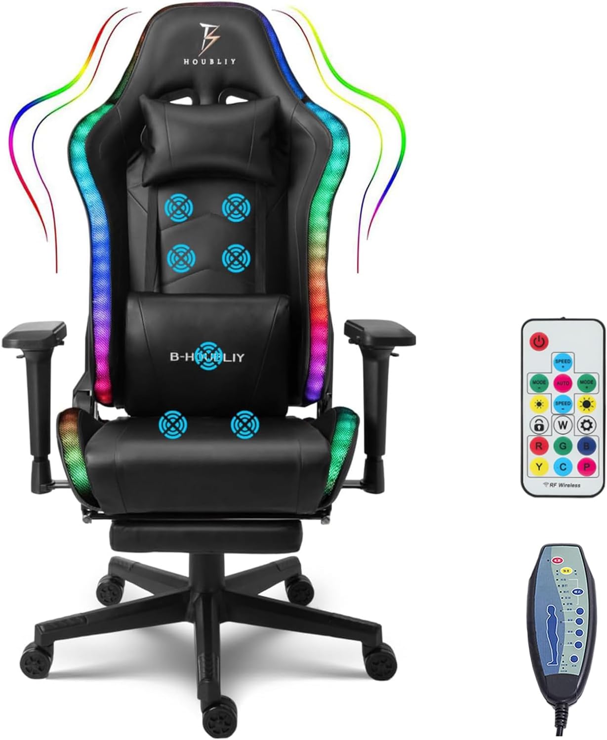 XOOFMASS Massage Gaming Chair with LED Light, Gaming Chair with Speakers, Office Chair with Footrest Ergonomic High Back PU Swivel Game Chair for Teens,Black
