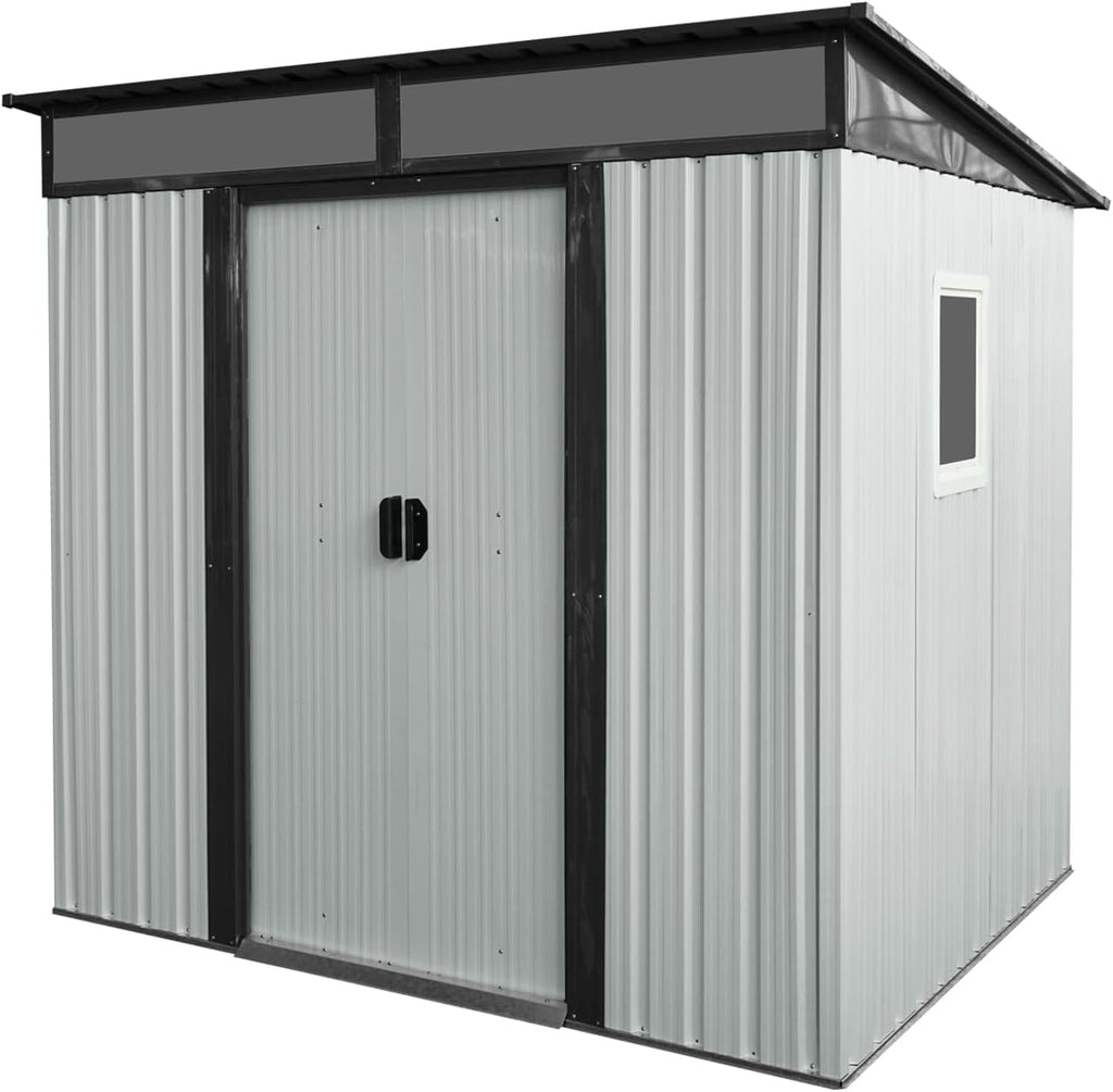 JT 6X4.5FT Outdoor Storage Shed, Galvanized Metal Garden Shed with Window and Metal Foundation, Tool Storage Shed for Patio Lawn Backyard (White-Black-with The window-6ftx4.5ft)